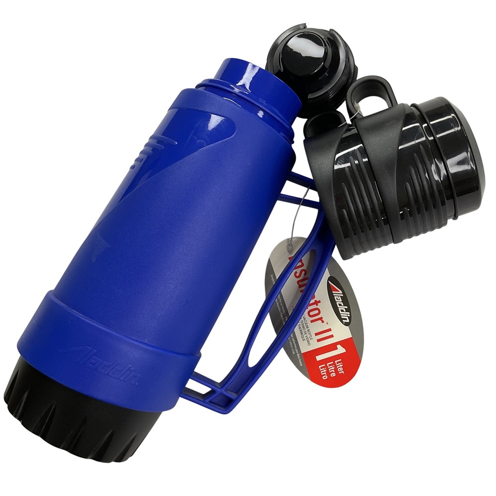 Aladdin Insulator II 1 Liter Glass Vacuum Bottle Blue Thermos with 2 Cups NWT